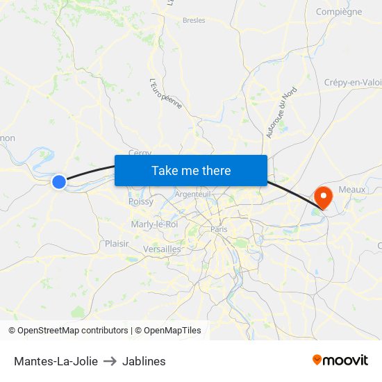 Mantes-La-Jolie to Jablines map