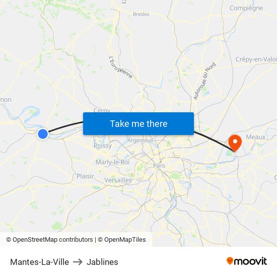 Mantes-La-Ville to Jablines map