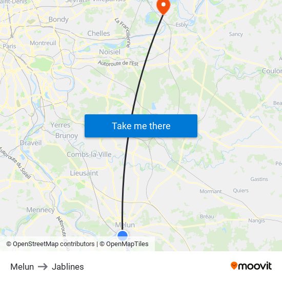 Melun to Jablines map