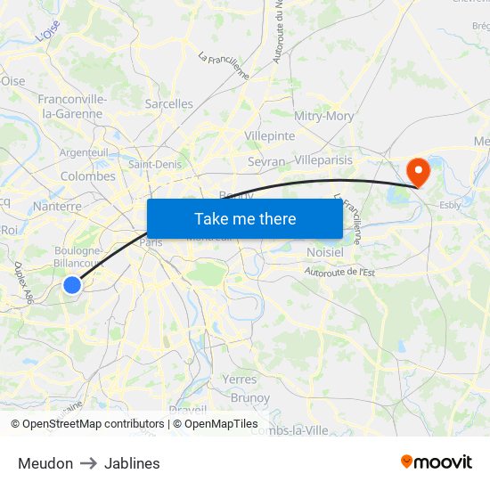 Meudon to Jablines map