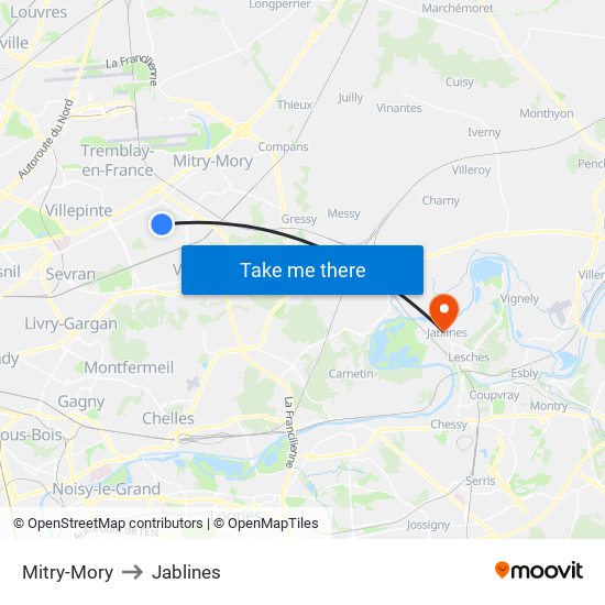 Mitry-Mory to Jablines map