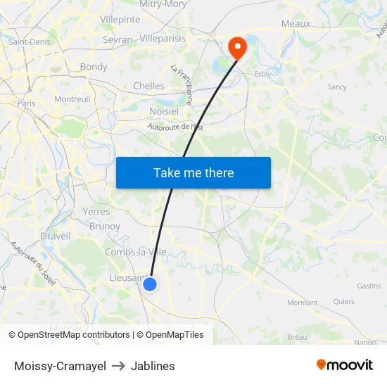 Moissy-Cramayel to Jablines map