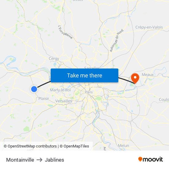 Montainville to Jablines map