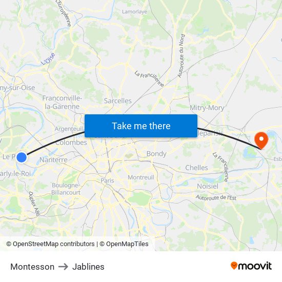 Montesson to Jablines map