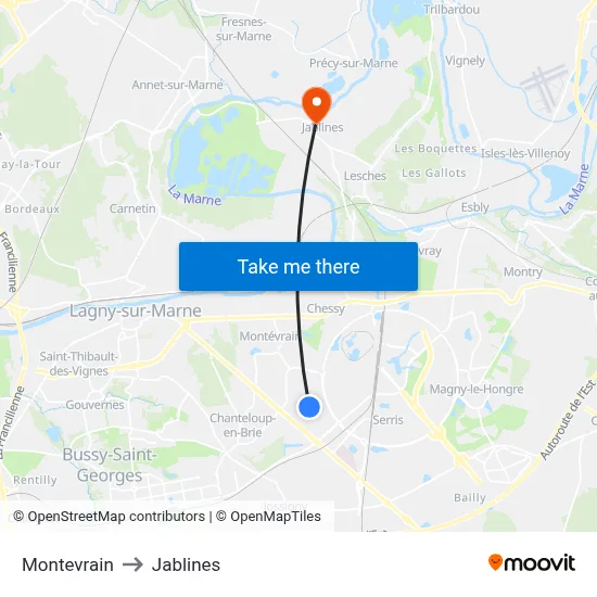 Montevrain to Jablines map