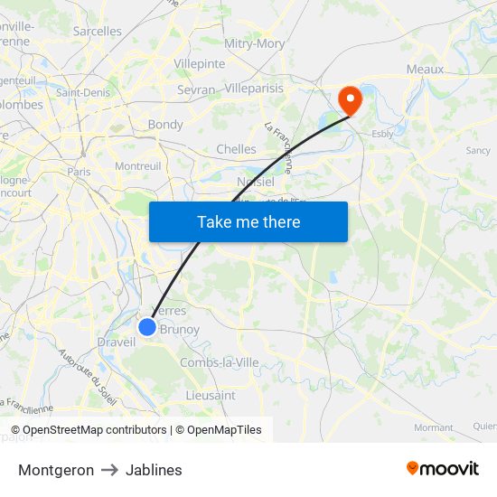 Montgeron to Jablines map