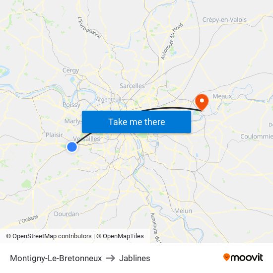 Montigny-Le-Bretonneux to Jablines map