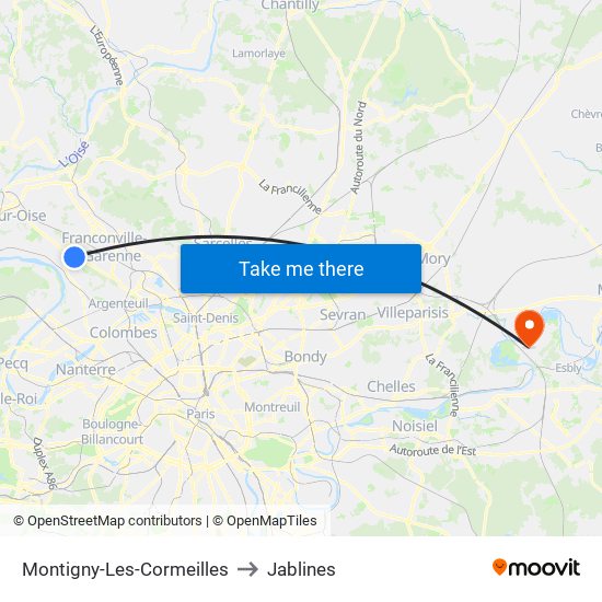 Montigny-Les-Cormeilles to Jablines map