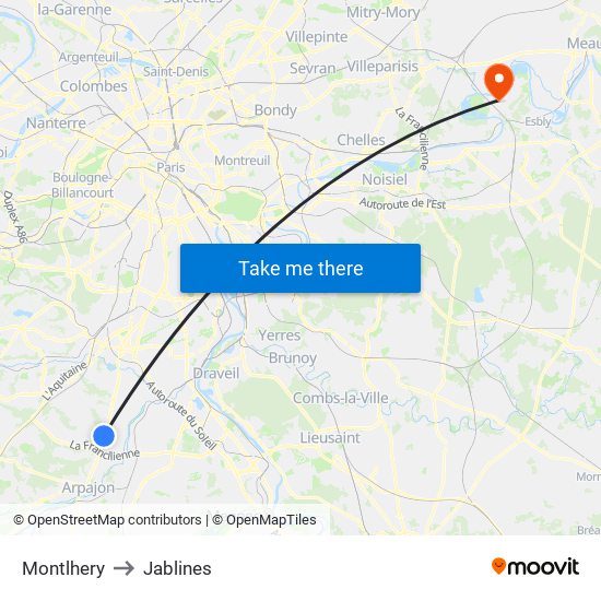 Montlhery to Jablines map