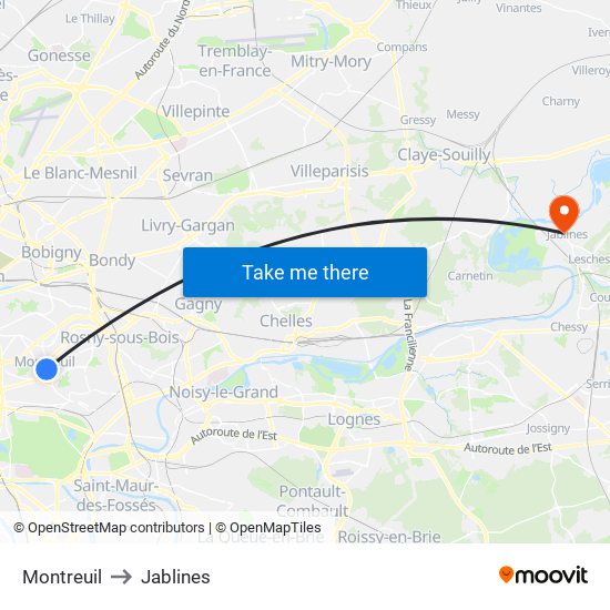 Montreuil to Jablines map