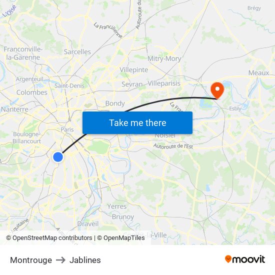 Montrouge to Jablines map