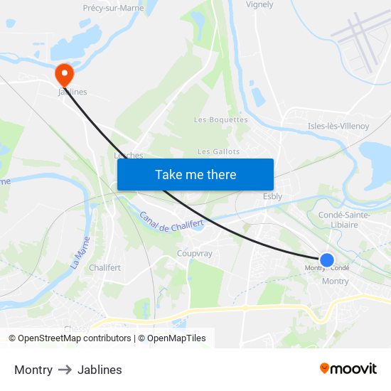 Montry to Jablines map