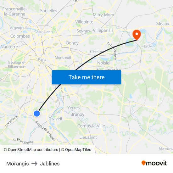 Morangis to Jablines map