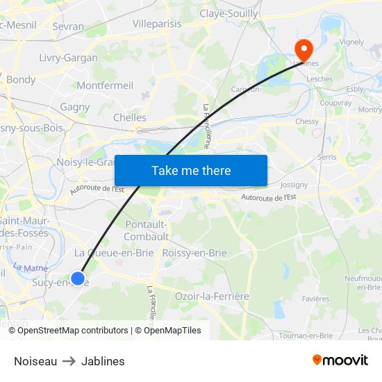 Noiseau to Jablines map