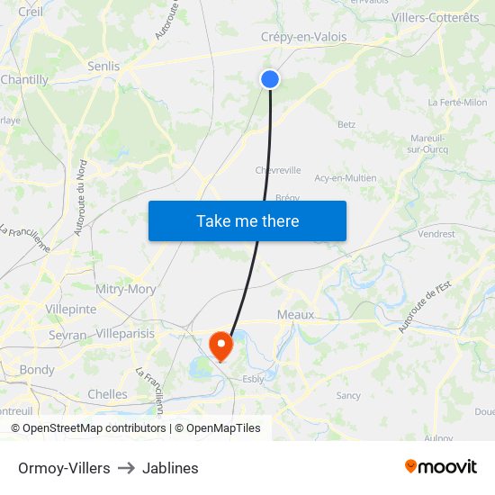 Ormoy-Villers to Jablines map