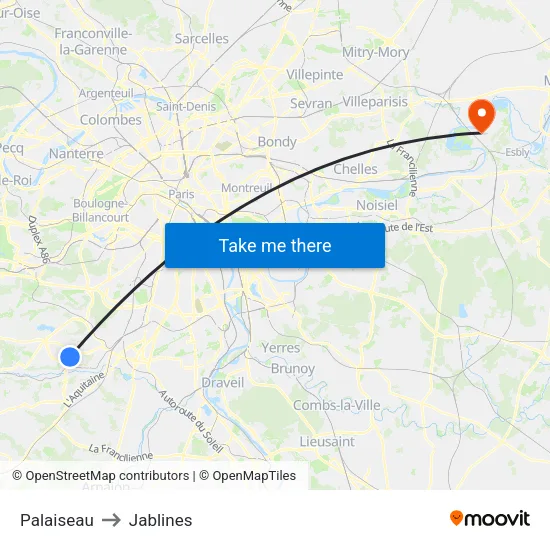 Palaiseau to Jablines map