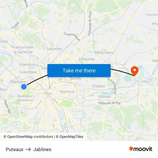 Puteaux to Jablines map