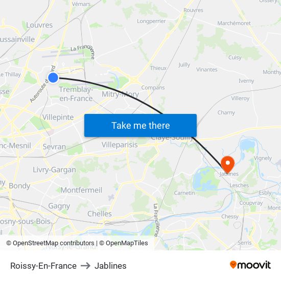 Roissy-En-France to Jablines map