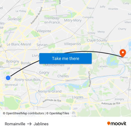 Romainville to Jablines map