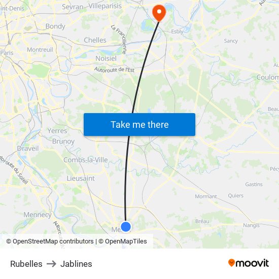 Rubelles to Jablines map