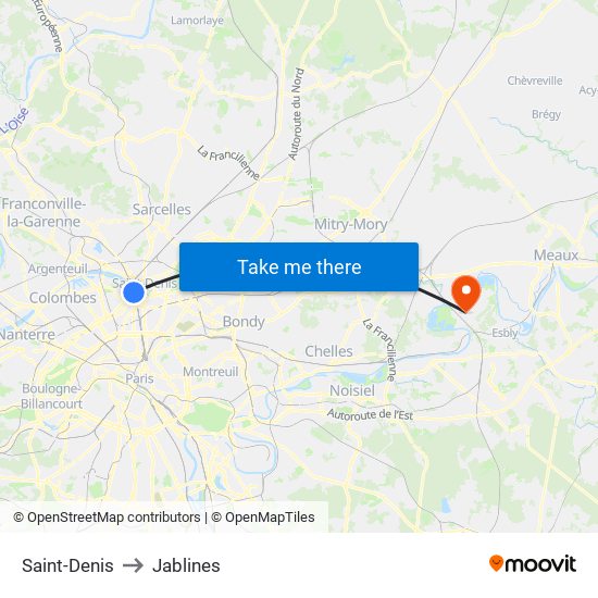Saint-Denis to Jablines map