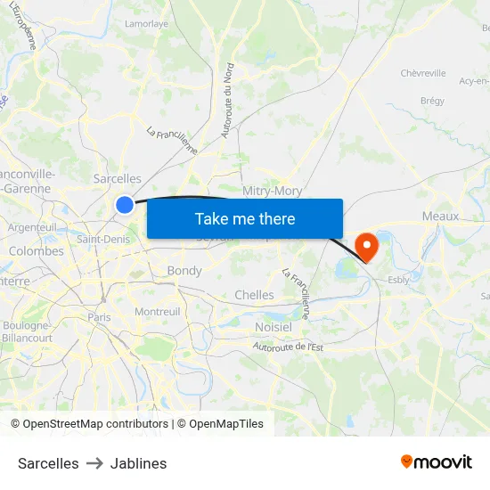 Sarcelles to Jablines map