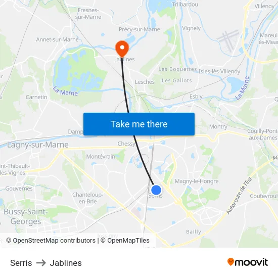 Serris to Jablines map