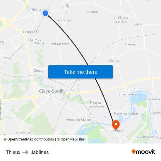 Thieux to Jablines map