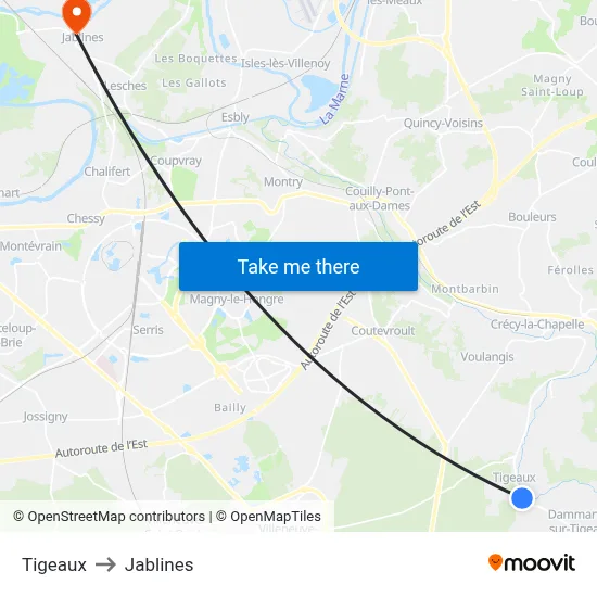 Tigeaux to Jablines map