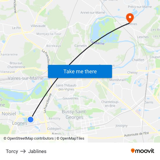 Torcy to Jablines map