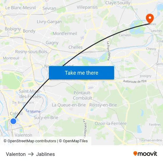 Valenton to Jablines map