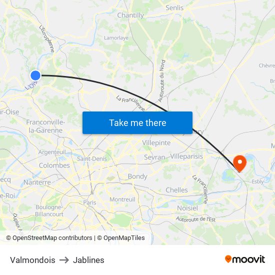 Valmondois to Jablines map
