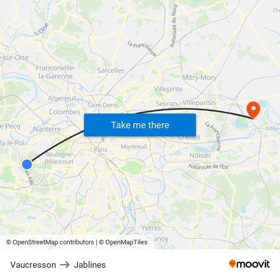 Vaucresson to Jablines map