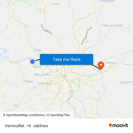 Vernouillet to Jablines map
