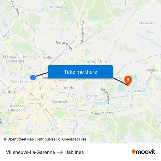 Villeneuve-La-Garenne to Jablines map