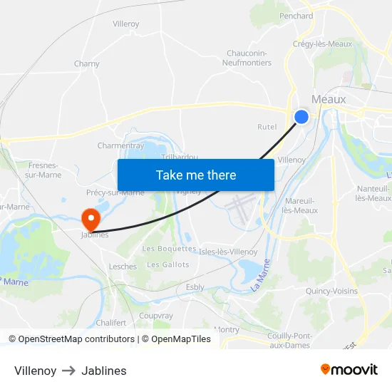 Villenoy to Jablines map
