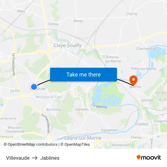 Villevaude to Jablines map