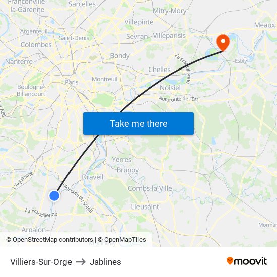 Villiers-Sur-Orge to Jablines map