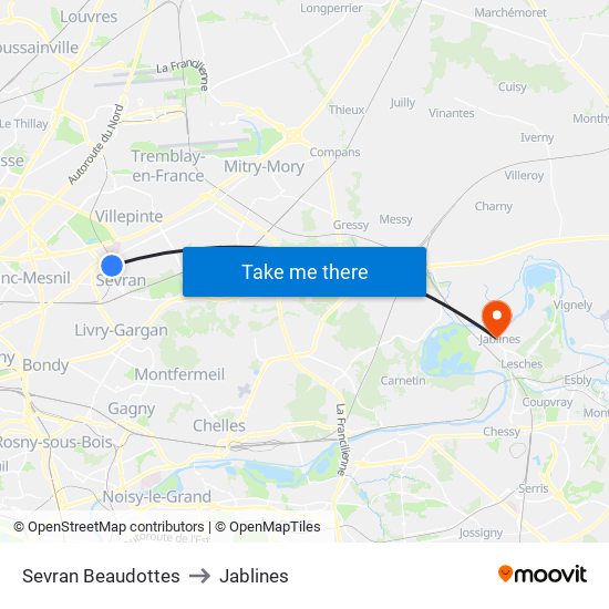 Sevran Beaudottes to Jablines map