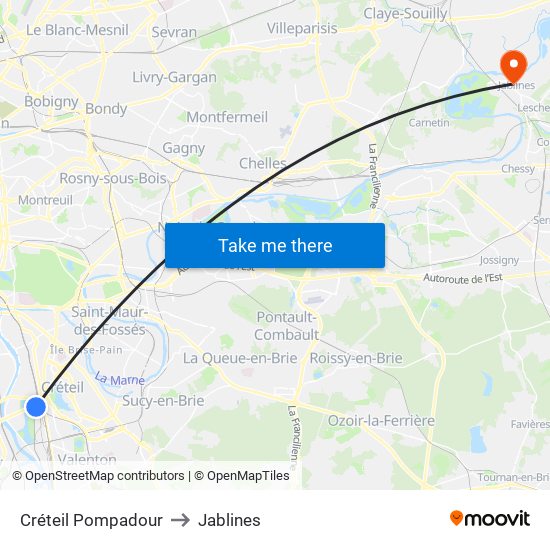 Créteil Pompadour to Jablines map