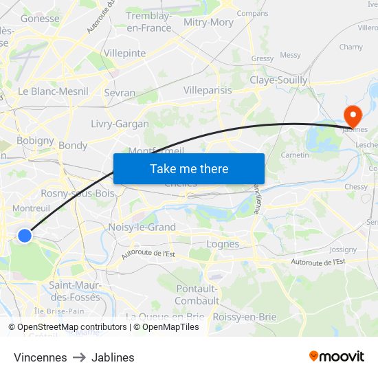 Vincennes to Jablines map
