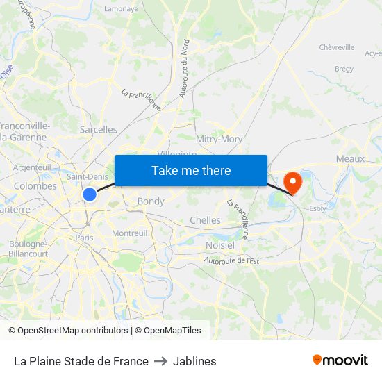 La Plaine Stade de France to Jablines map