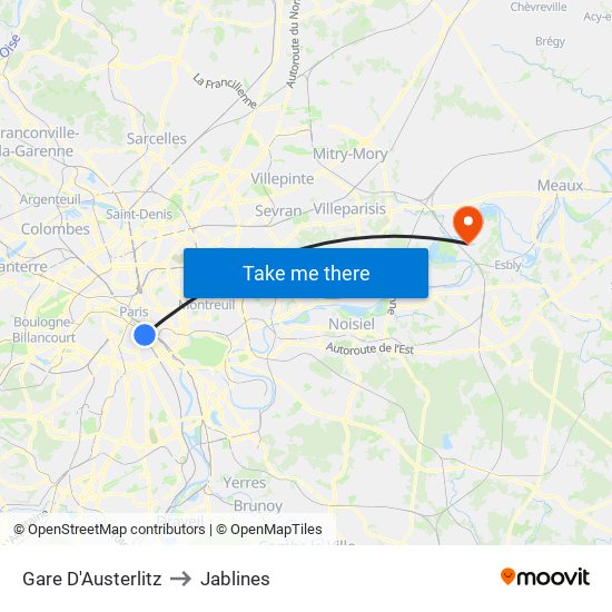 Gare D'Austerlitz to Jablines map