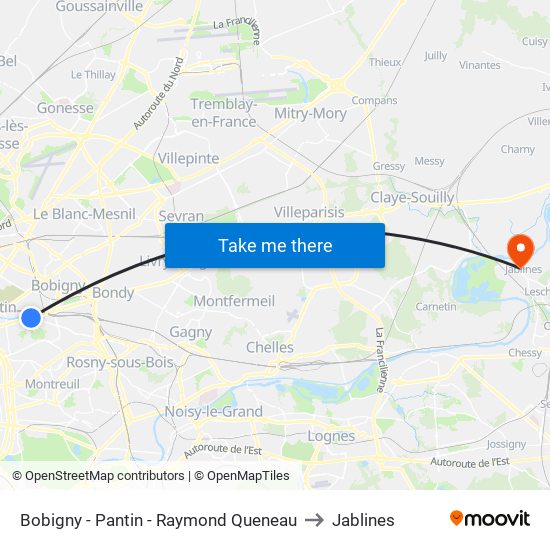 Bobigny - Pantin - Raymond Queneau to Jablines map