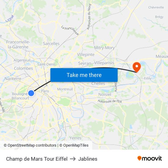 Champ de Mars Tour Eiffel to Jablines map
