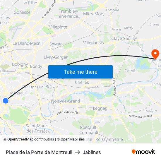 Place de la Porte de Montreuil to Jablines map