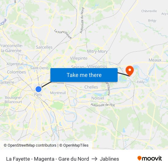 La Fayette - Magenta - Gare du Nord to Jablines map