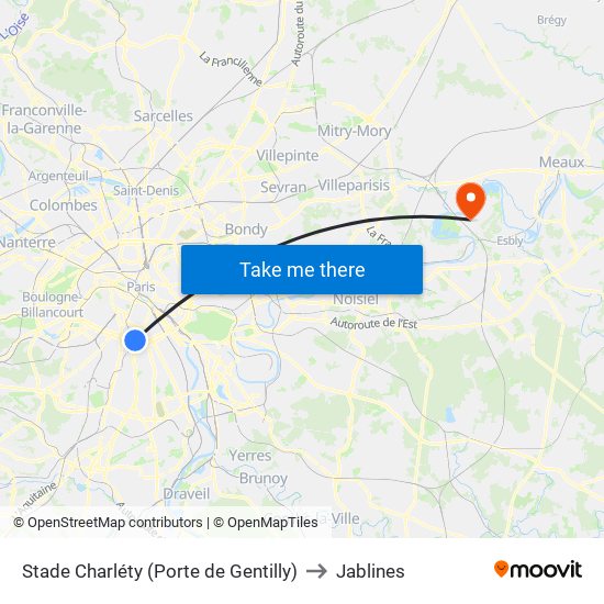 Stade Charléty (Porte de Gentilly) to Jablines map