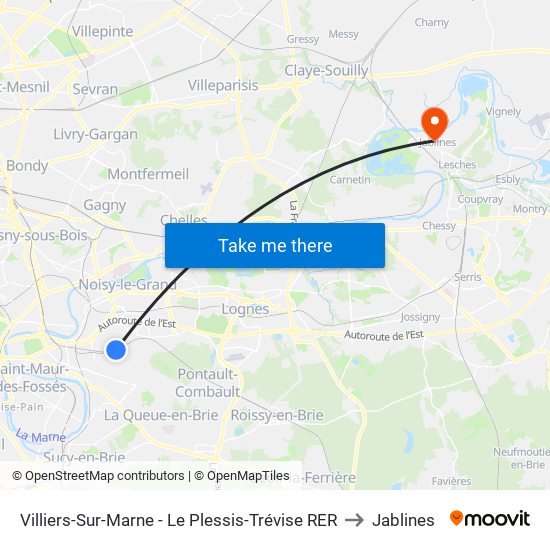 Villiers-Sur-Marne - Le Plessis-Trévise RER to Jablines map