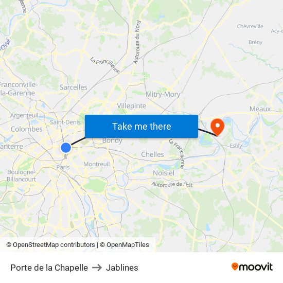 Porte de la Chapelle to Jablines map